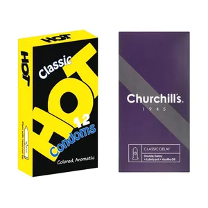کاندوم چرچیلز مدل Classic Delay بسته 12 عددی به همراه کاندوم هات مدل Classic Aromatic بسته 12 عددی