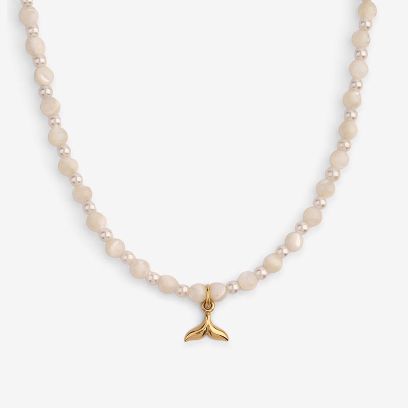 گردنبند طلا 18 عیار زنانه با زنجیر مهره‌ای ناریا مدل مروارید دم وال کد SH30