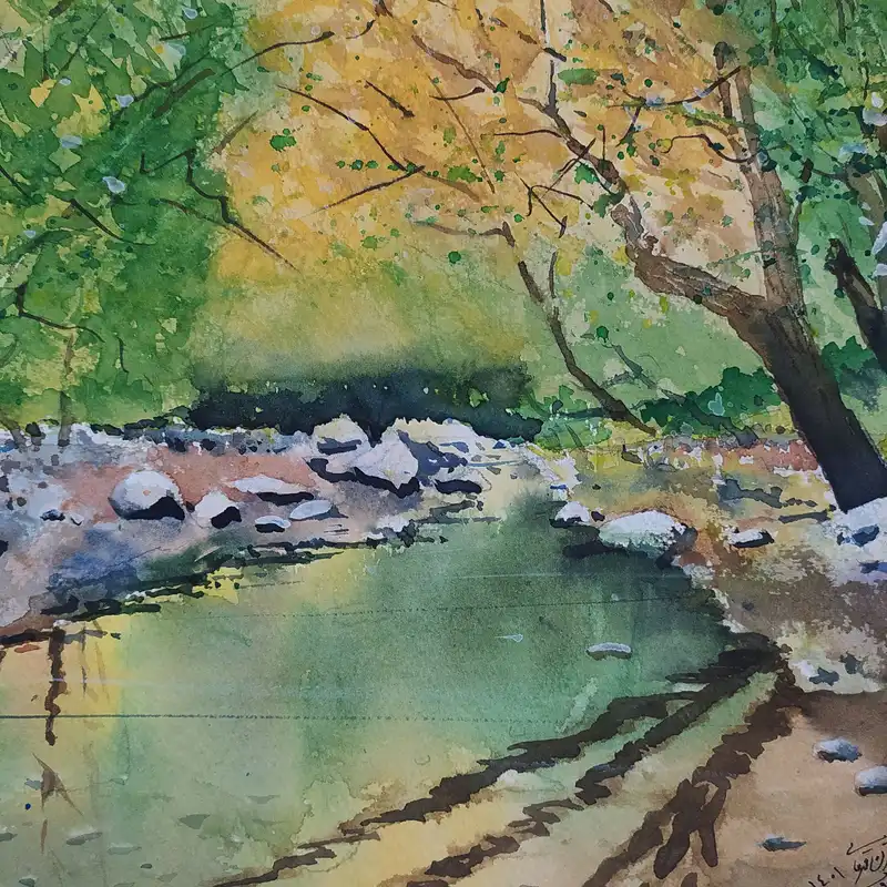 نقاشی آبرنگ طرح رودخانه جنگلی کد 90