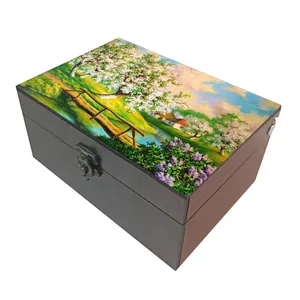 جعبه هدیه چوبی مدل J012 طرح نقاشی منظره روستا