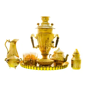 سرویس سماور ذغالی 13 پارچه برنجی مدل سوزنی ترک دار کد 4296