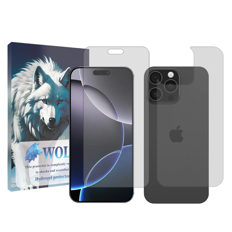 محافظ صفحه نمایش شفاف ولف کد 01 مناسب برای گوشی موبایل اپل iPhone 16 Pro به همراه محافظ پشت گوشی