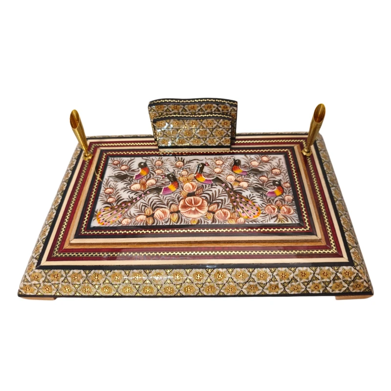 قلمدان خاتم کاری چوبی صنایع دستی فاخر مدل اداری طرح گل و مرغ برجسته کد Br29p19-4f4