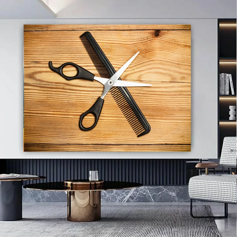 پوستر پارچه ای طرح مخمل  آرایشگری مدل قیچی و شانه روی چوب کد FP106574