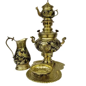 سرویس 5 پارچه سماور زغالی مدل گل ومرغ ظرفیت 4 لیتر