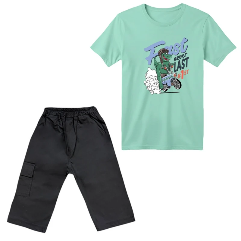 ست تی‌شرت آستین کوتاه و شلوارک پسرانه مدل دایناسور کد ۲۶