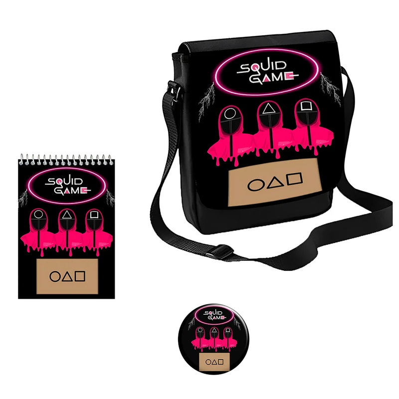 کیف رودوشی مدل بازی مرکب طرح اسکویید گیم کد1 به همراه دفتر یادداشت و پیکسل مجموعه 3 عددی