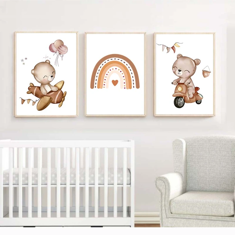 استیکر و تابلو کودک و نوزاد مدل بوهو طرح خرس و رنگین کمان کد 2291 مجموعه سه عددی