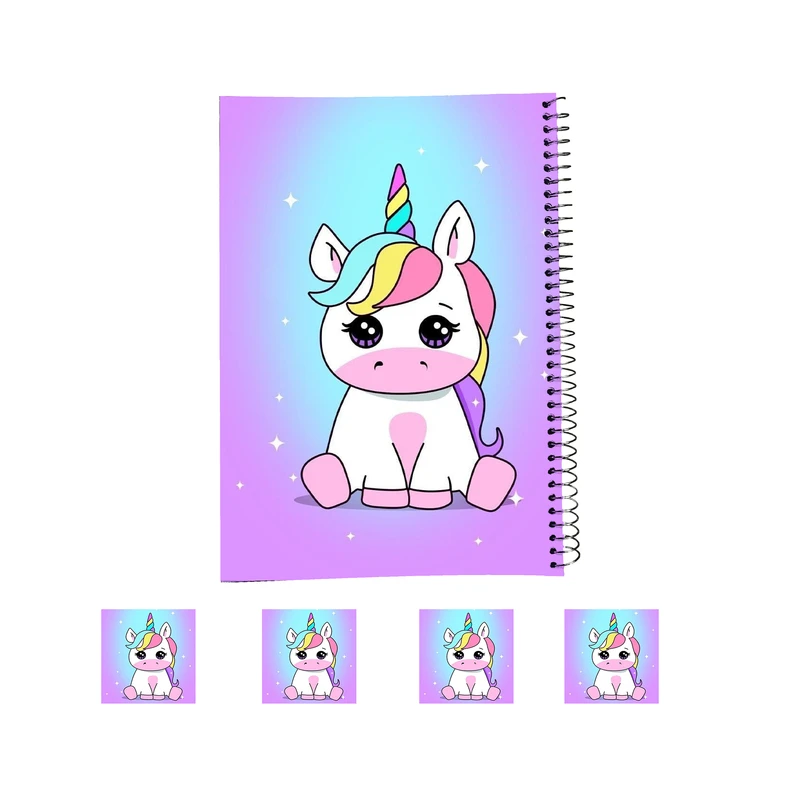 دفتر مشق 100 برگ مدل یونیکورن به همراه برچسب مجموعه 5 عددی