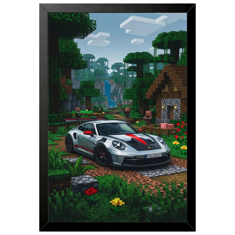 تابلو بکلیت طرح گیمینگ ماشین و خودرو پورشه PORSCHE 911 GT3 RS و ماینکرفت Minecraft مدل B-po2209 فریم مشکی