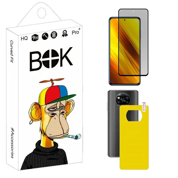 محافظ صفحه نمایش حریم شخصی بوک مدل Carbon Plus مناسب برای گوشی موبایل شیائومی Poco X3 Pro / X3 NFC به همراه محافظ پشت گوشی