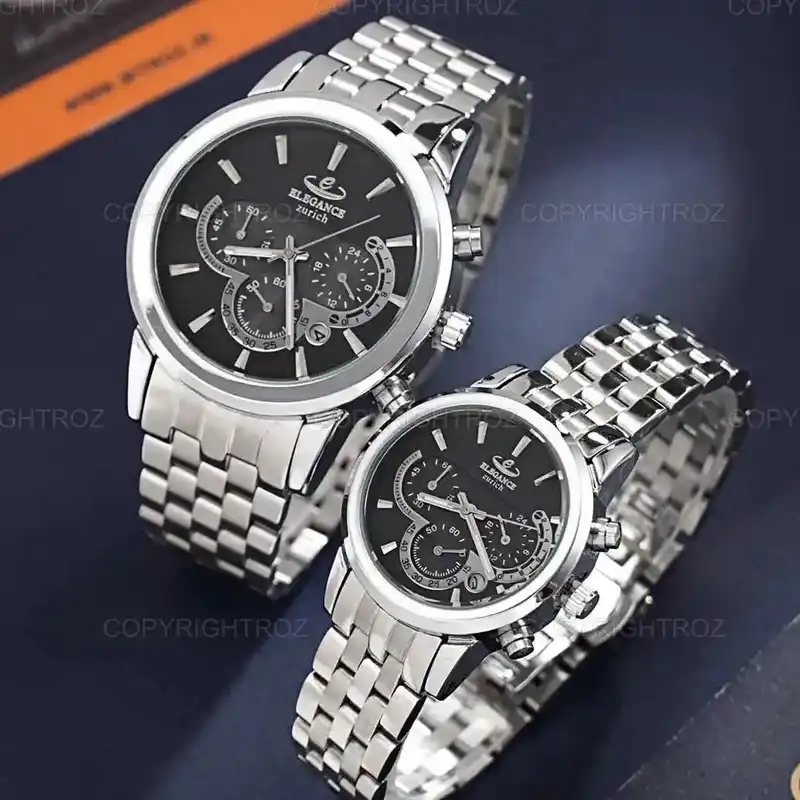 ست ساعت مچی عقربه ای زنانه و مردانه الگانس مدل سه موتور فعال کورنوگراف tm