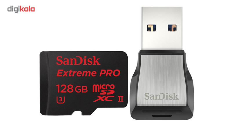 کارت حافظه microSDXC سن دیسک مدل Extreme PRO کلاس 10 استاندارد UHS-II U3 سرعت 275MBps همراه با ریدر USB 3.0 ظرفیت 128 گیگابایت