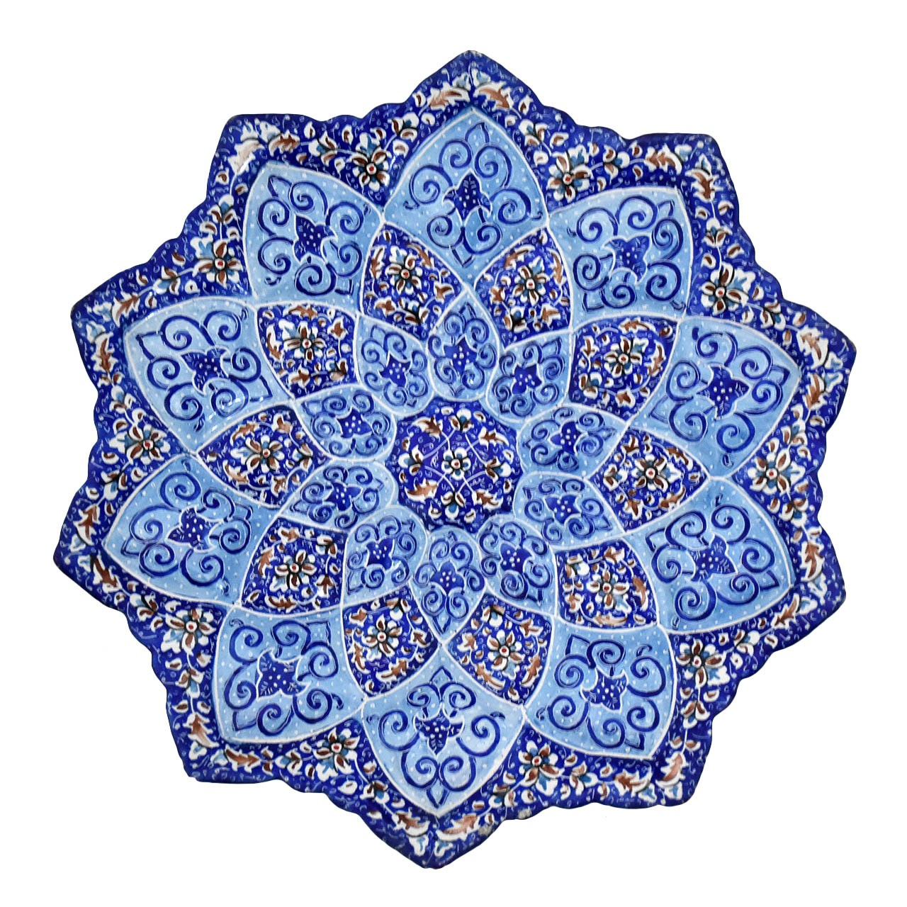 بشقاب مسی میناکاری شده سی دا طرح اسلیمی خطائی کد 01060 قطر 16 سانتی متر