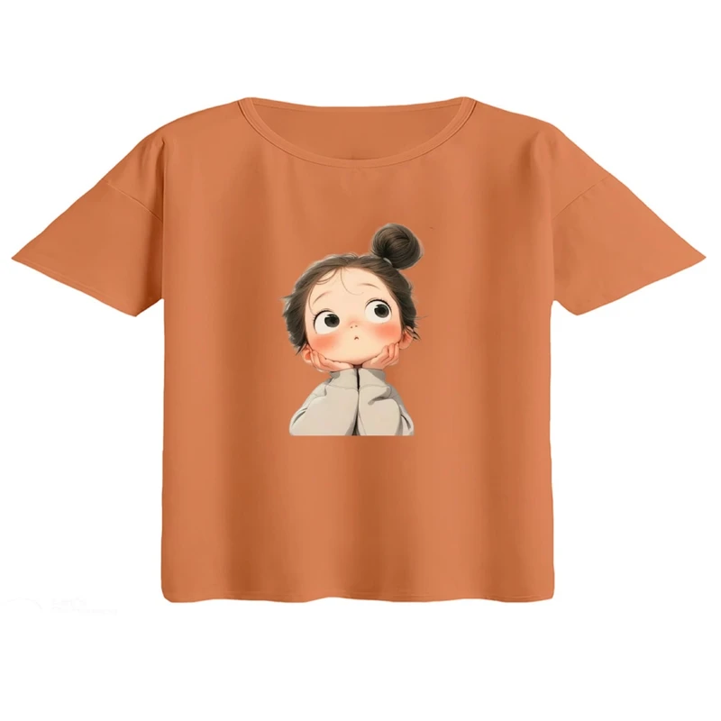 کراپ تی‌شرت آستین کوتاه زنانه مدل دختر متفکر