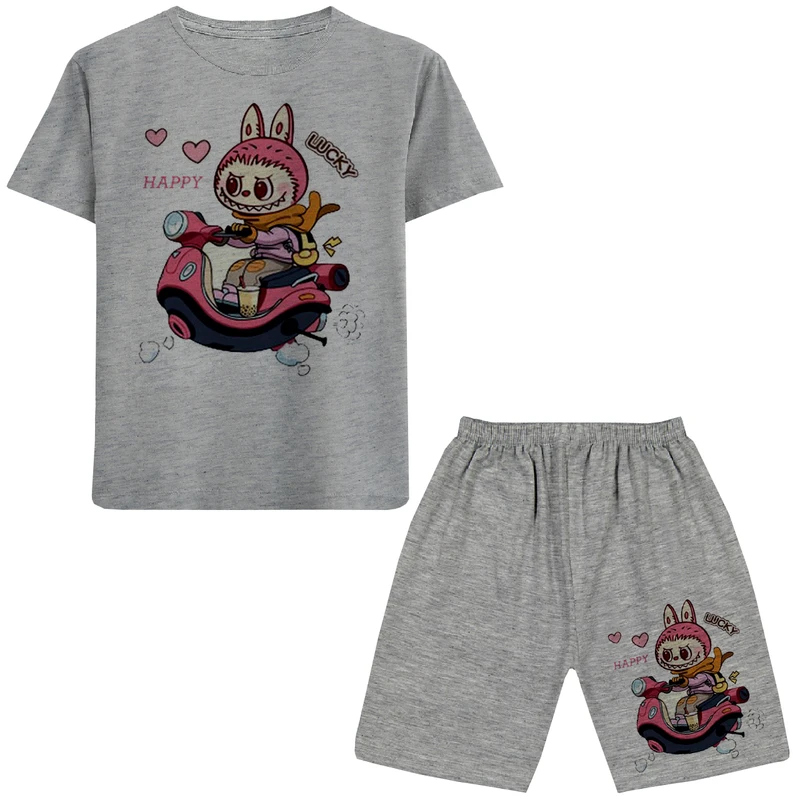 ست تی شرت آستین کوتاه و شلوارک راحتی دخترانه مدل A132 LABUBU