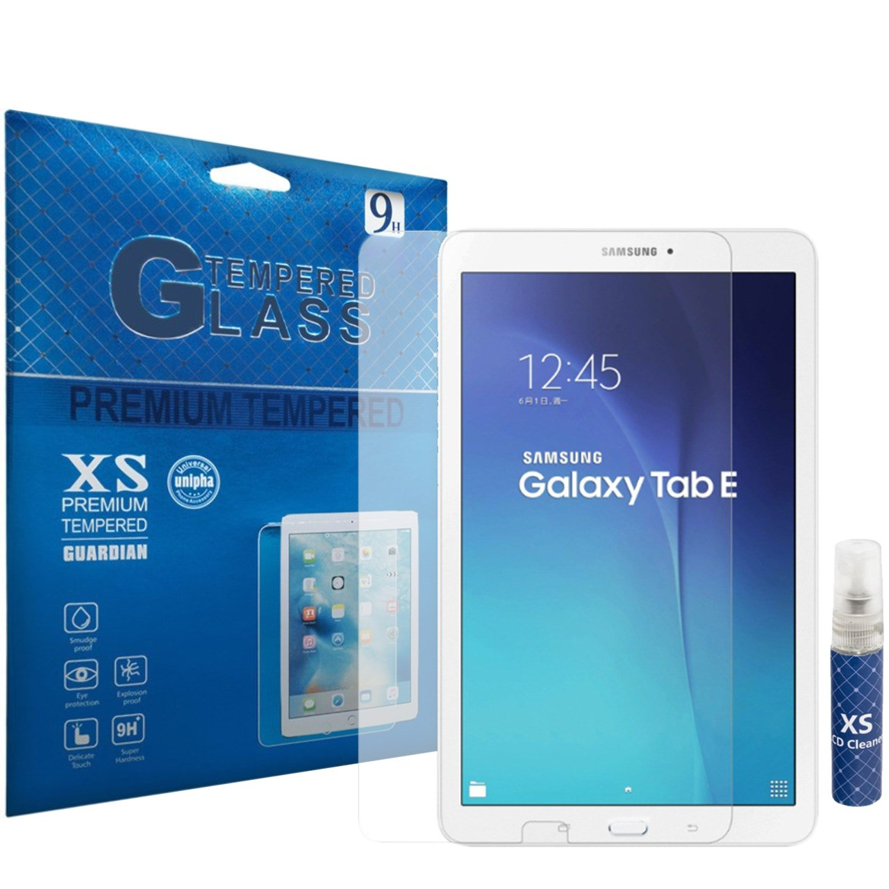 محافظ صفحه نمایش شیشه ای ایکس اس مدل تمپرد مناسب برای تبلت سامسونگ Galaxy Tab E 9.6 به همراه اسپری پاک کننده صفحه XS