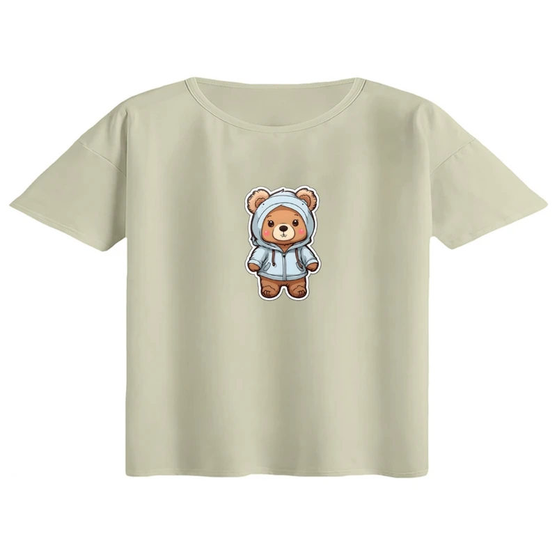 کراپ تی‌شرت آستین کوتاه زنانه مدل تدی کد03 رنگ کرم