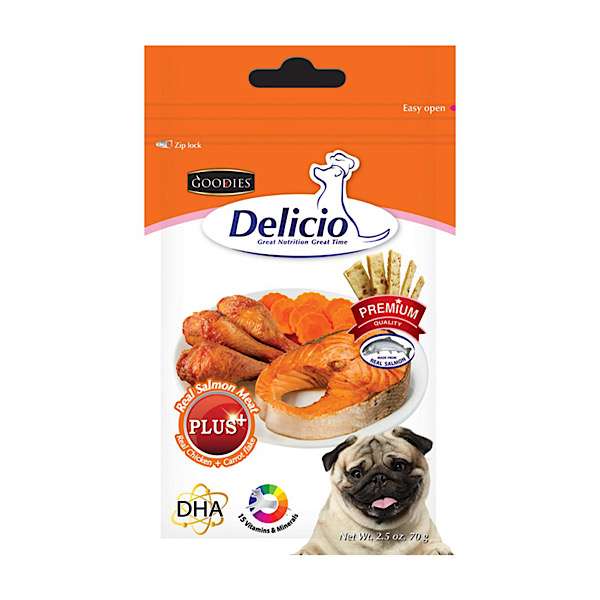 غذای تشویقی سگ دلیشو مدل real chicken+carrot flake وزن 70 گرم