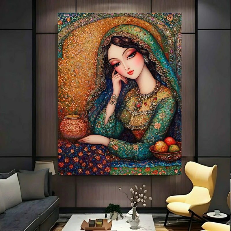 تابلو بوم طرح مخمل  پرتره هنری مدل زن با لباس سنتی ایرانی (2) کد BK27201