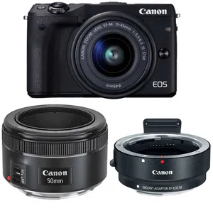 دوربین دیجیتال بدون آینه کانن مدل EOS M3 به همراه لنز 45-15 EF-M و EF 50mm f/1.8 STM  میلی متر  و آداپتور لنز کانن Mount Adapter EF-EOS M