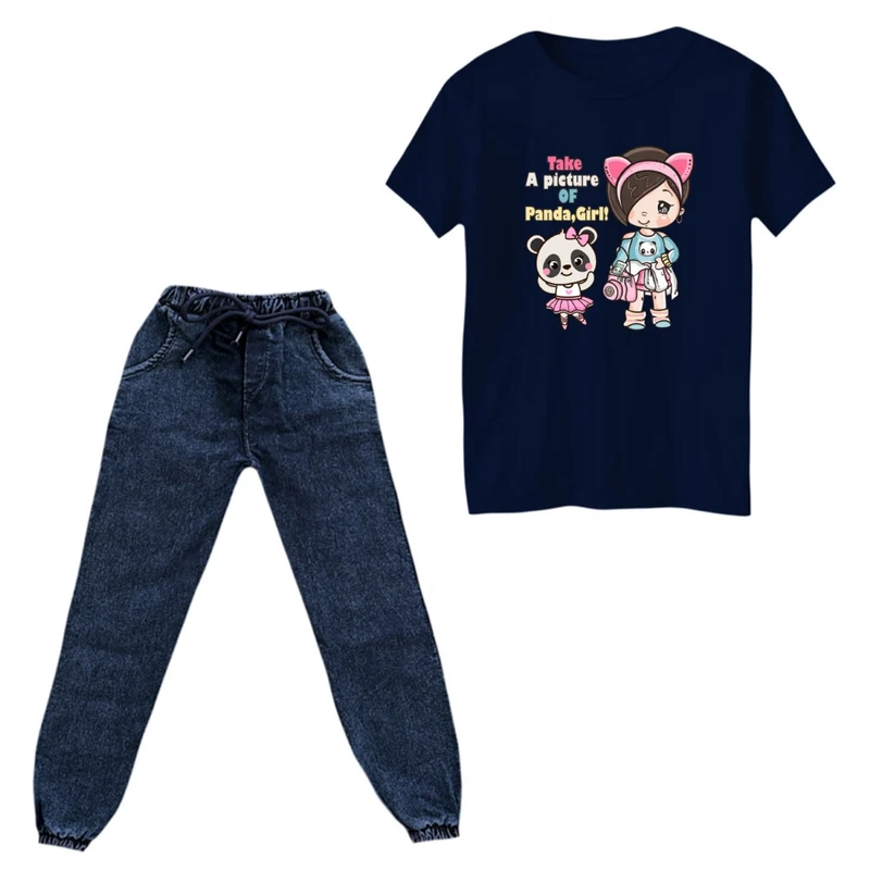 ست تی‌شرت و شلوار دخترانه مدل دختر و پاندا رنگ سرمه ای