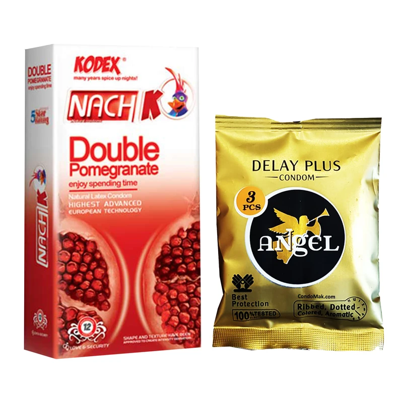 کاندوم ناچ کدکس مدل DOUBLE POMEGRANATE بسته 12عددی به همراه کاندوم انجل مدل DELAY PLUS بسته 3 عددی