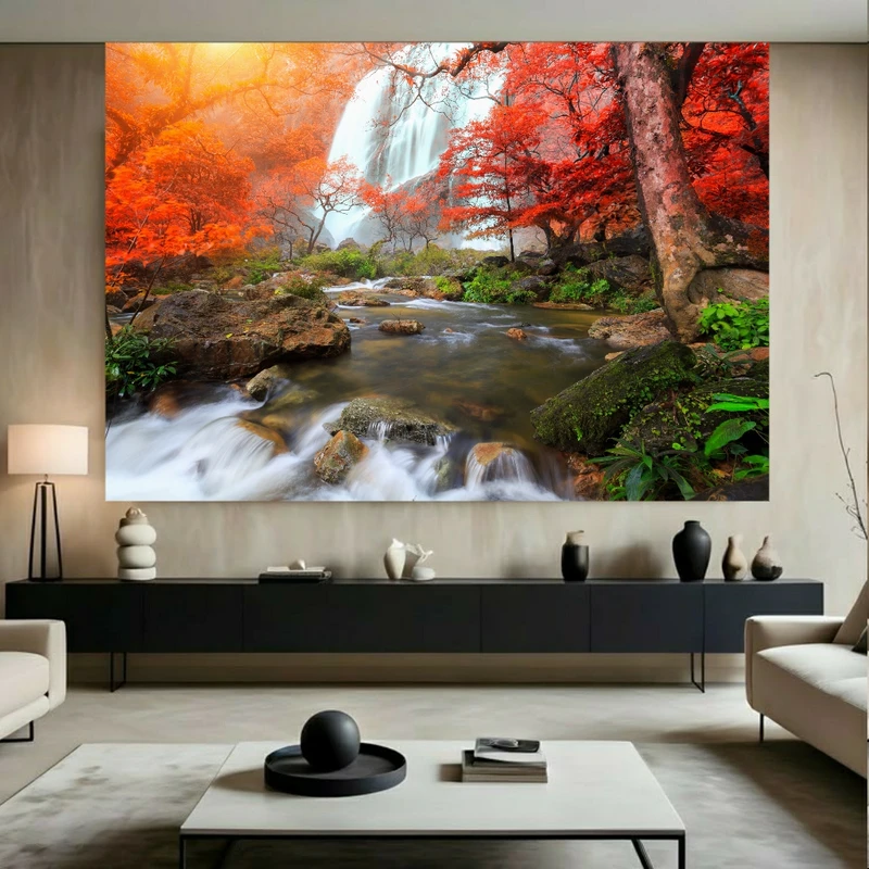 تابلو بوم طرح مخمل آبشار مدل طبیعت پائیز کد BK23614