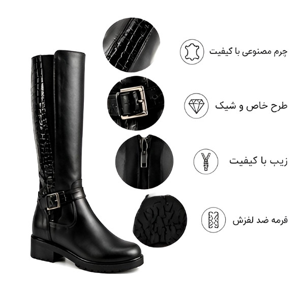 بوت ساق بلند زنانه چرم صنعتی مدل 1001 طرح پوست کروکودیل 