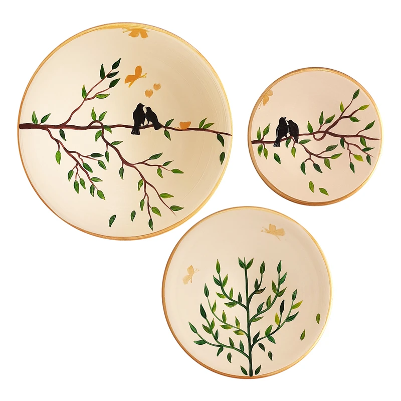 بشقاب دیوارکوب سفالی طرح پرنده کد 183 مجموعه 3 عددی