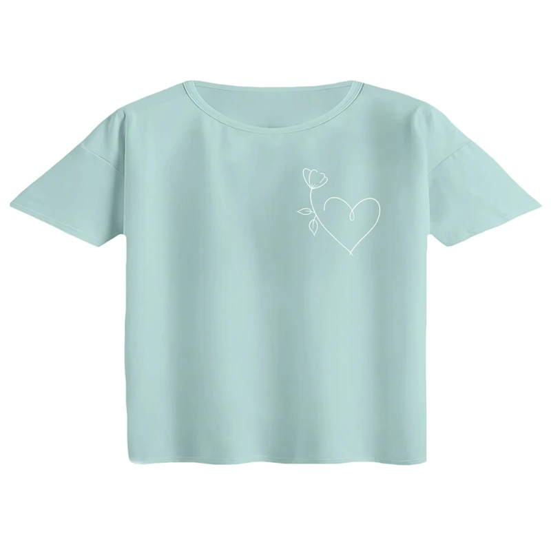 کراپ تی‌شرت آستین کوتاه زنانه مدل قلب خطی سفید رنگ آبی روشن