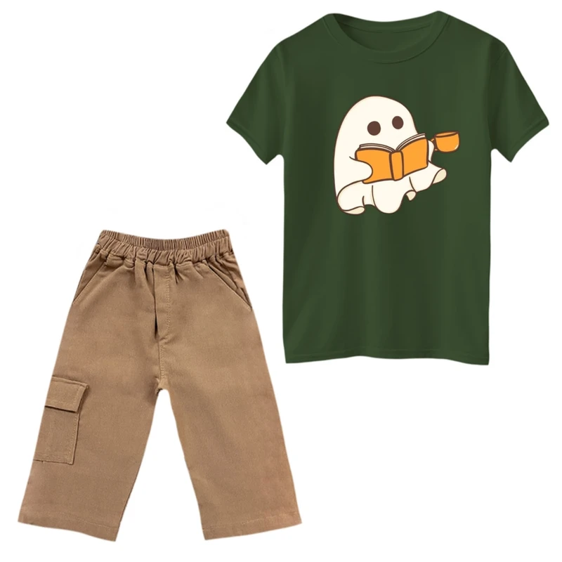 ست تی‌شرت و شلوارک پسرانه مدل روح و کتاب رنگ یشمی