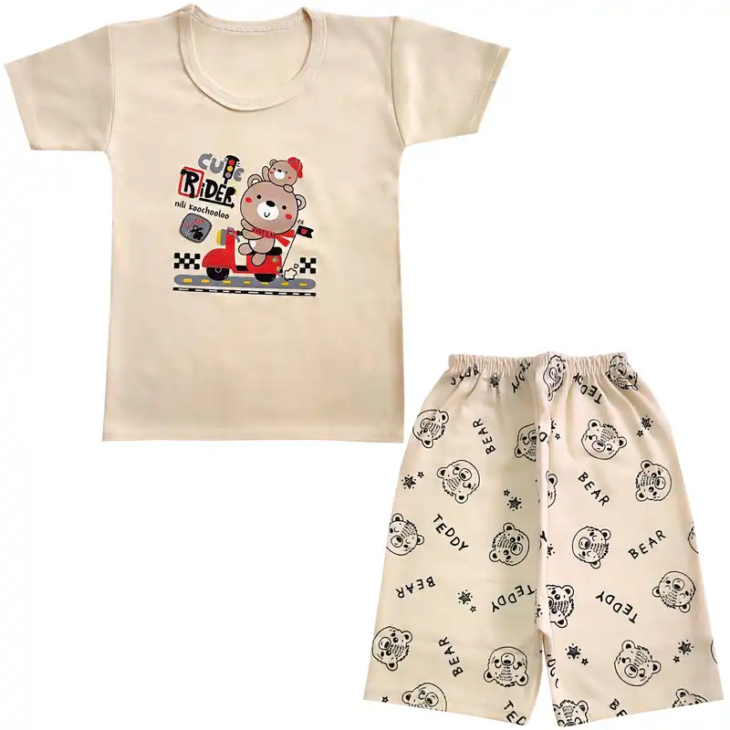 ست تی شرت و شلوارک بچگانه مدل خرس کد 3962 رنگ کرم
