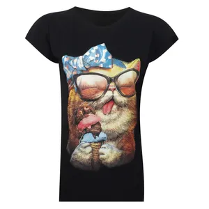 تی شرت آستین کوتاه زنانه مدل نخی ویسکوز چاپی گربه بستنی خور کد tm-2169 رنگ مشکی