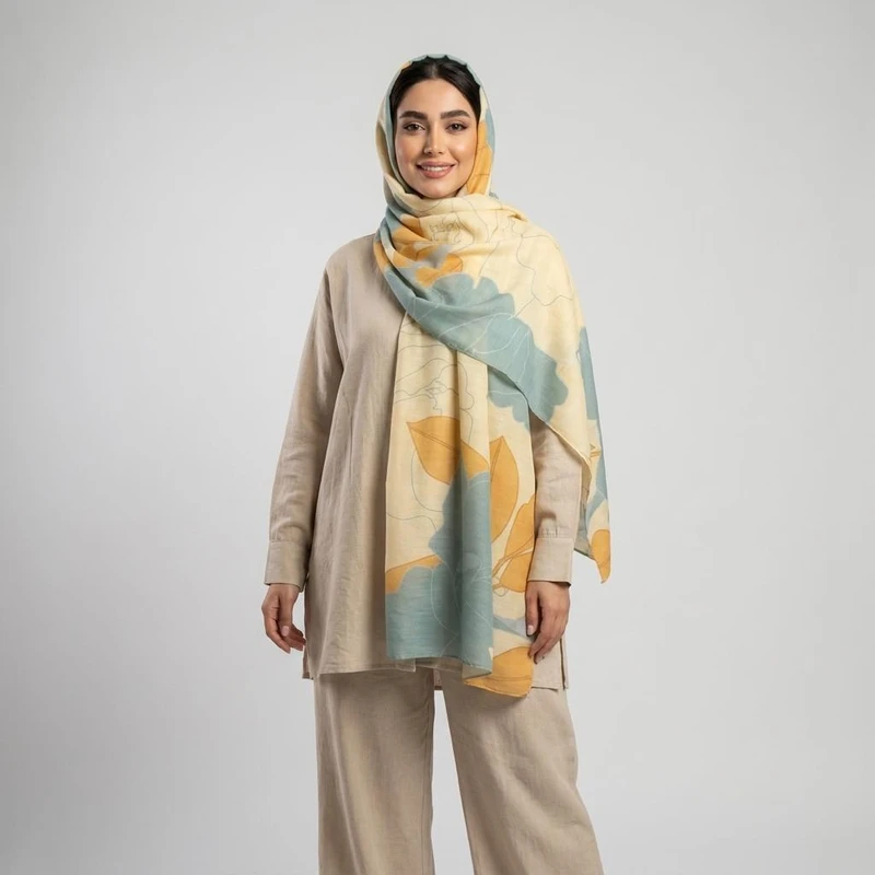شال زنانه مدل نخی طرح برگ زمینه پاستلی کد ana-2184
