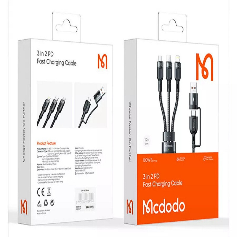 کابل تبدیل USB/USB-C به MicoUSB/ USB-C / لایتنینگ مک دودو مدل CA-8800 100W PD طول 1.2 متر