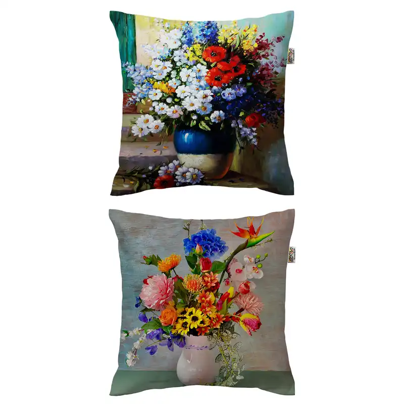 کاور کوسن هزاردستان طرح گلدان گل مدل co654 مجموعه دو عددی