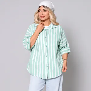 شومیز باکسی زنانه لینن طرح راه‌راه کد 4093 ، یقه برگردان، تن‌خور آزاد، قد روی باسن، بسته شدن با دکمه، ضخامت متوسط