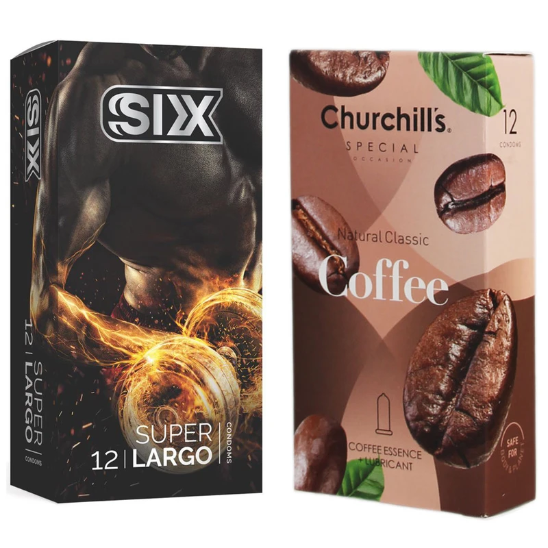 کاندوم چرچیلز مدل Coffee بسته 12 عددی به همراه کاندوم سیکس مدل سفت کننده و بزرگ کننده  بسته 12 عددی
