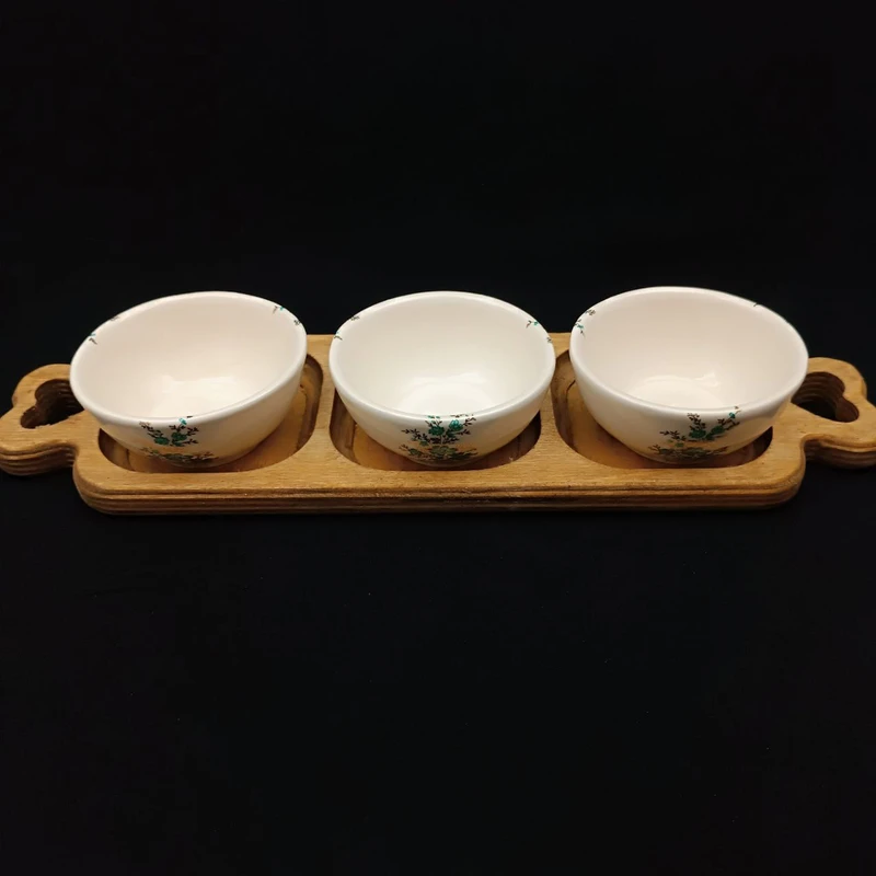 اردوخوری سرامیکی هیوا طرح چوبینه سیمین کد 21504386 به همراه سینی چوبی مجموعه 4 عددی