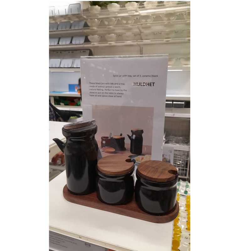 HULDHET Spice jar with tray, set of 3, ceramic/black - IKEA