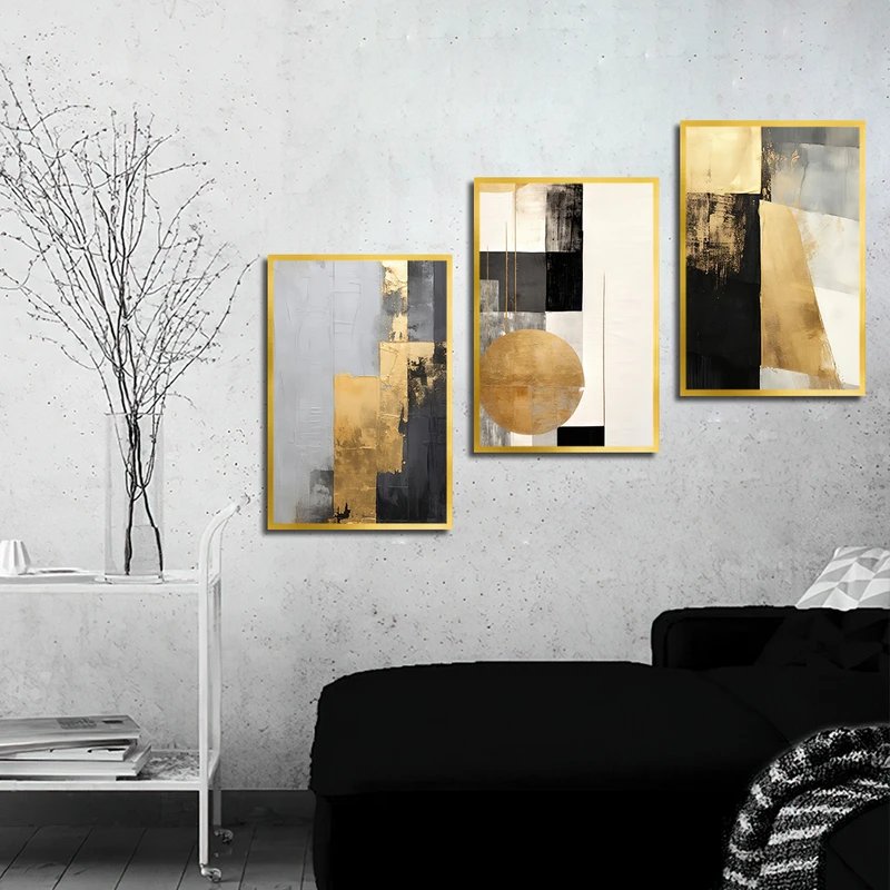 تابلو بکلیت طرح نقاشی انتزاعی مدل T-3403 فریم طلایی مجموعه 3 عددی