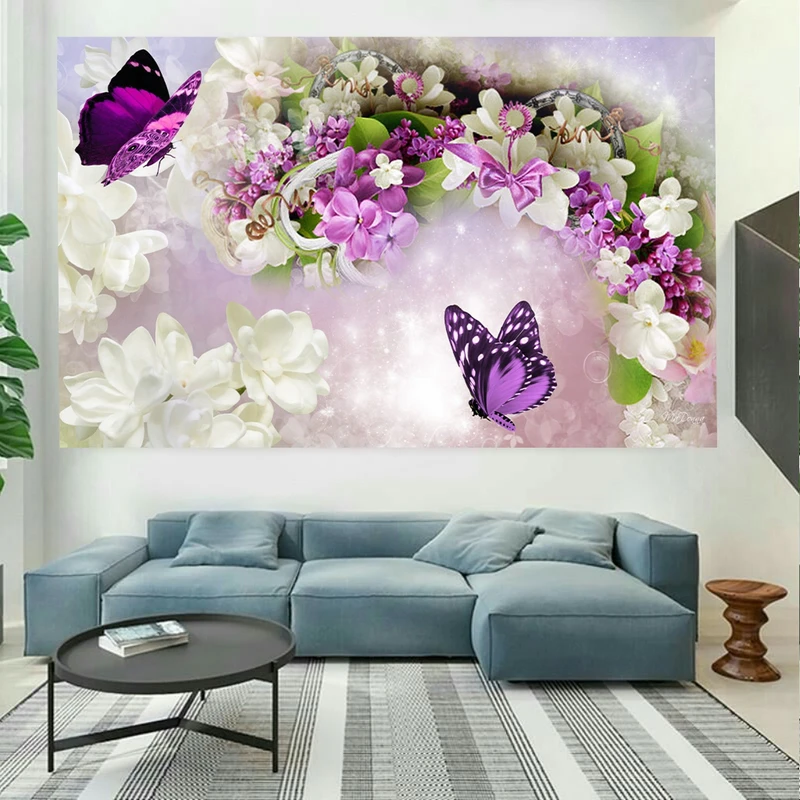 پوستر پارچه ای مدل چرم مخمل طرح گل و پروانه کد AR4150