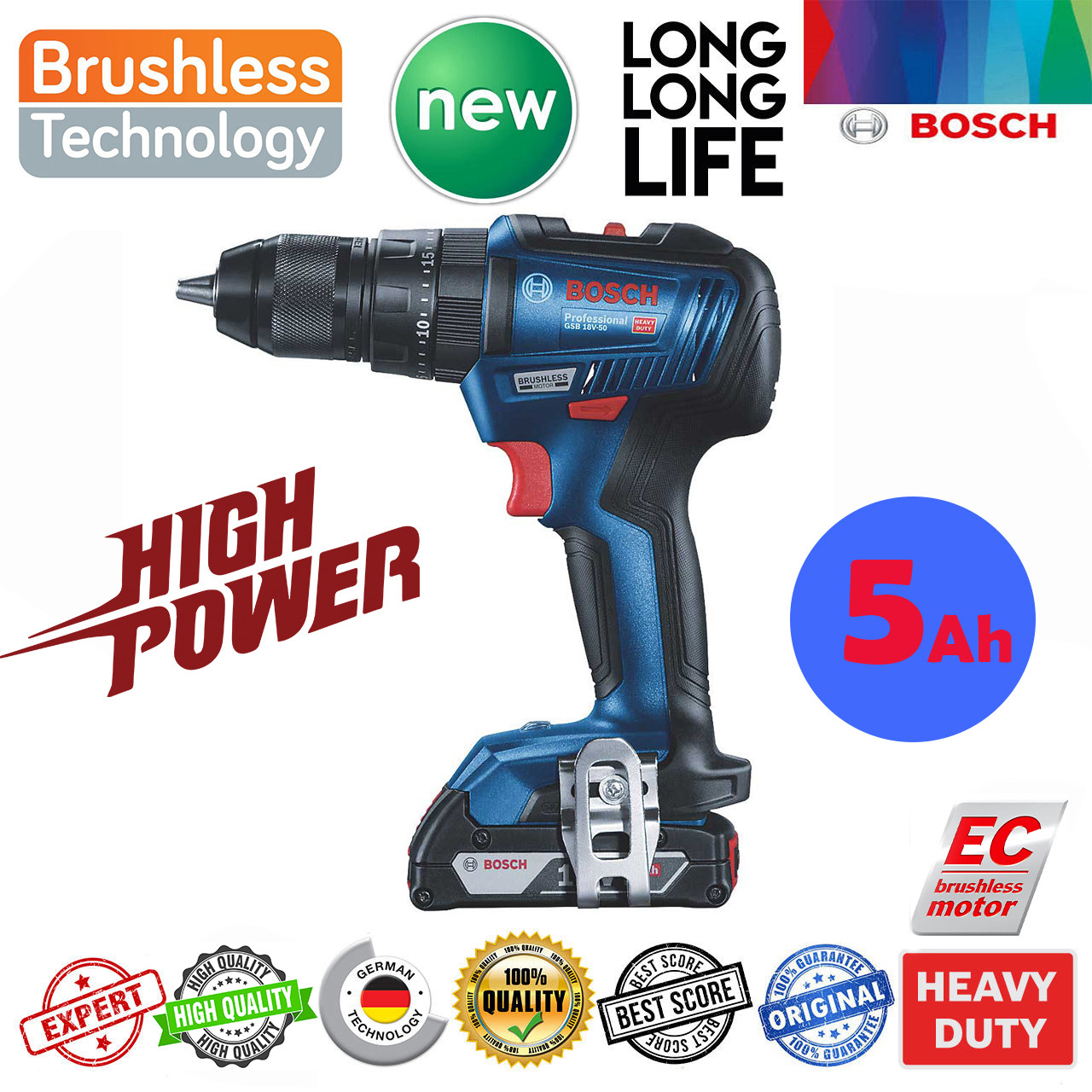 دریل شارژی چکشی بوش مدل GSB 18V-50 EC Motor 5َAh + 4 Extra دریل شارژی چکشی بوش مدل GSB 18V-50 EC Motor 5َAh + 4 Extra