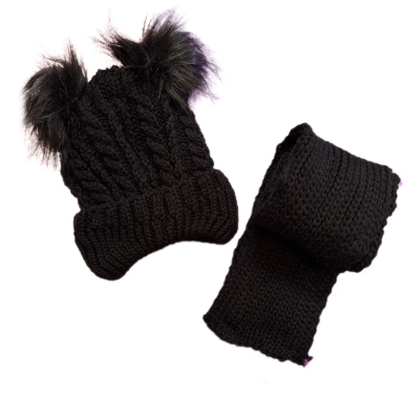 ست کلاه و شال گردن بافتنی بچگانه مدل دو پوم