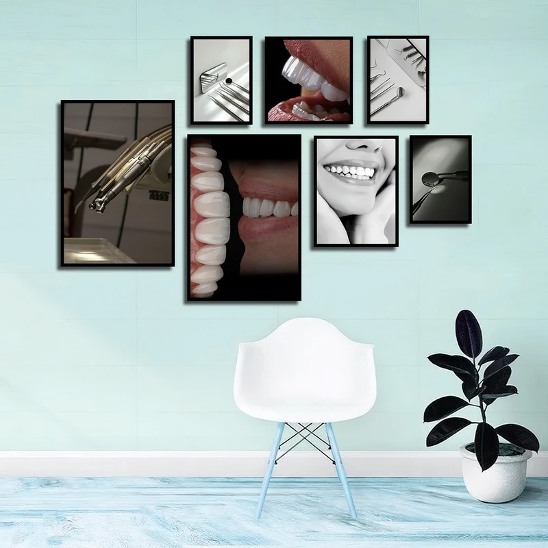 تابلو بکلیت طرح لبخند و دندانپزشکی مدل B-3896 فریم مشکی مجموعه 7 عددی