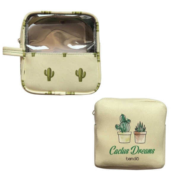 کیف لوازم آرایش زنانه مدل بندو طرح Cactus مجموعه 2 عددی