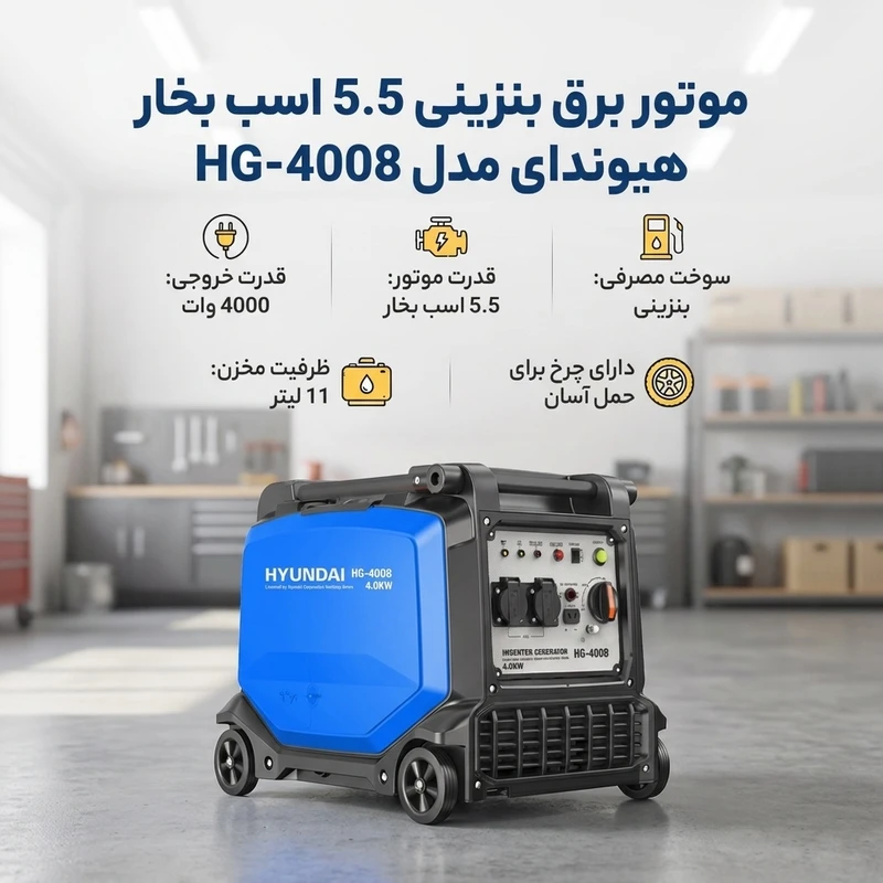 عکس شماره 2 : موتور برق بنزینی 5.5 اسب بخار هیوندای مدل hg-4008