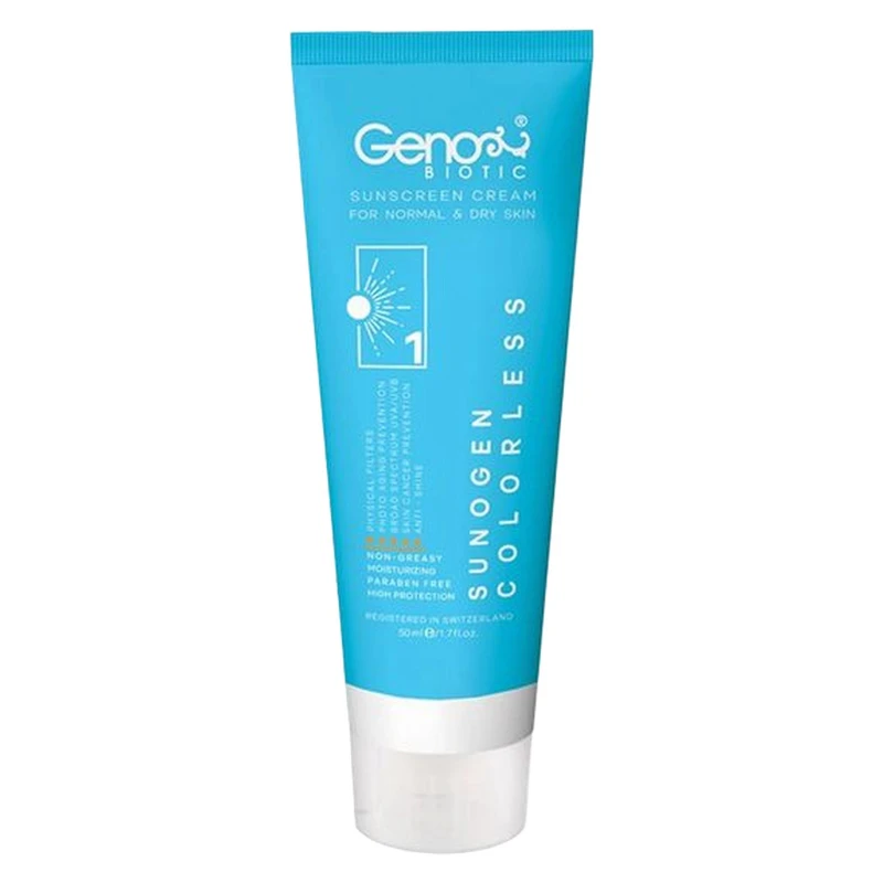 کرم ضد آفتاب بدون رنگ ژنوبایوتیک SPF 50 مدل 388 ‌مناسب پوست‌های خشک و معمولی حجم 50 میلی‌لیتر