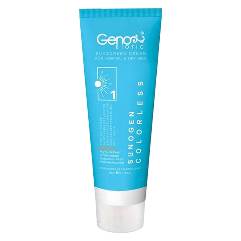 کرم ضد آفتاب بدون رنگ ژنوبایوتیک SPF 50 مدل 388 مناسب پوست های خشک و معمولی حجم 50 میلی لیتر